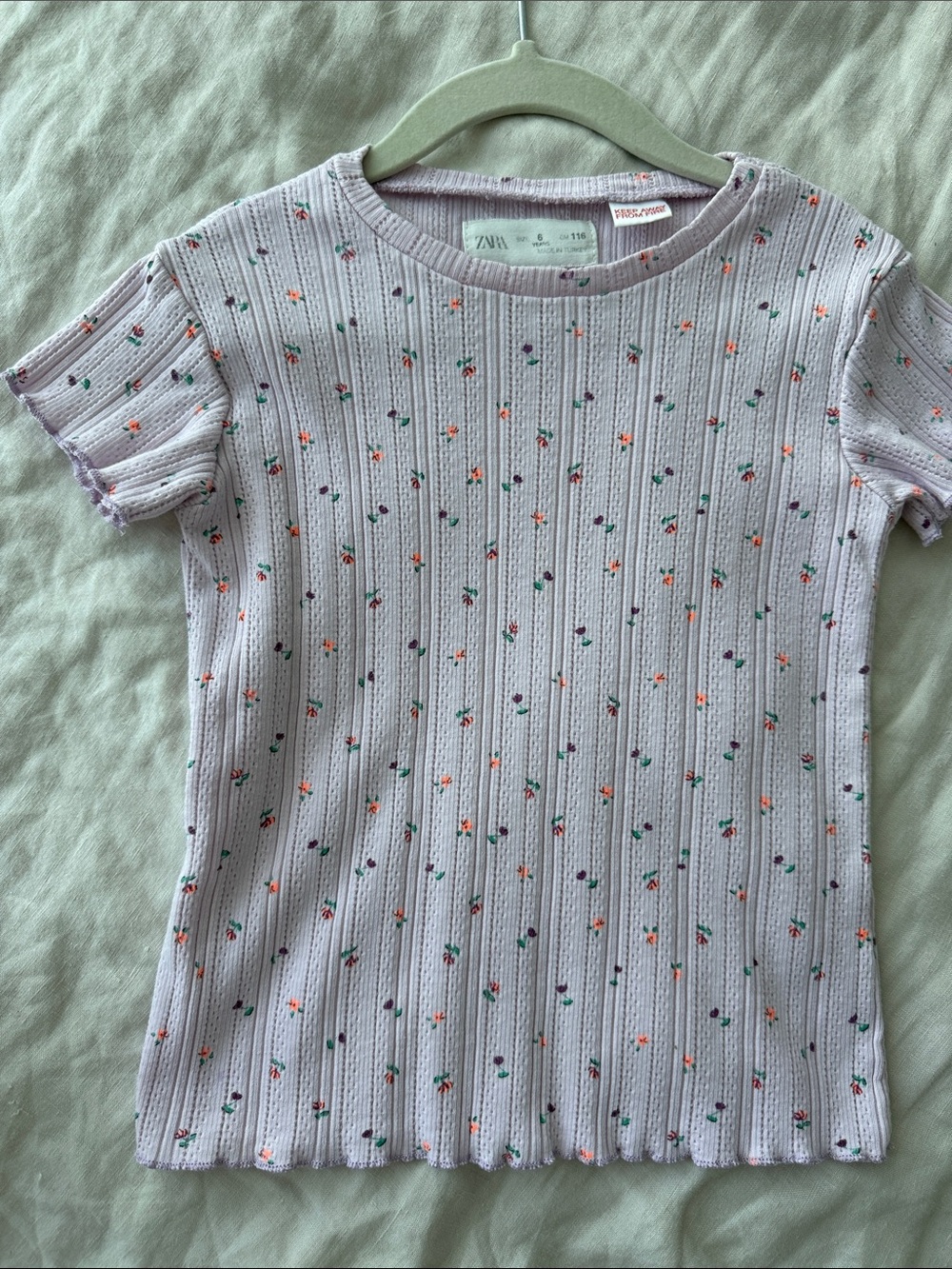 ZARA Lilac Ribbed Tee with Micro Floral Dots